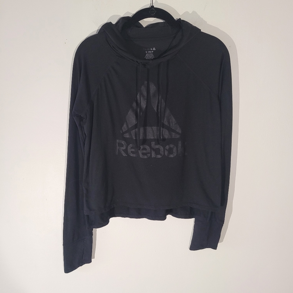 Reebok Womens Small Cropped Black Hoodie Long Sleeve‎ Pull Over Sweatshirt